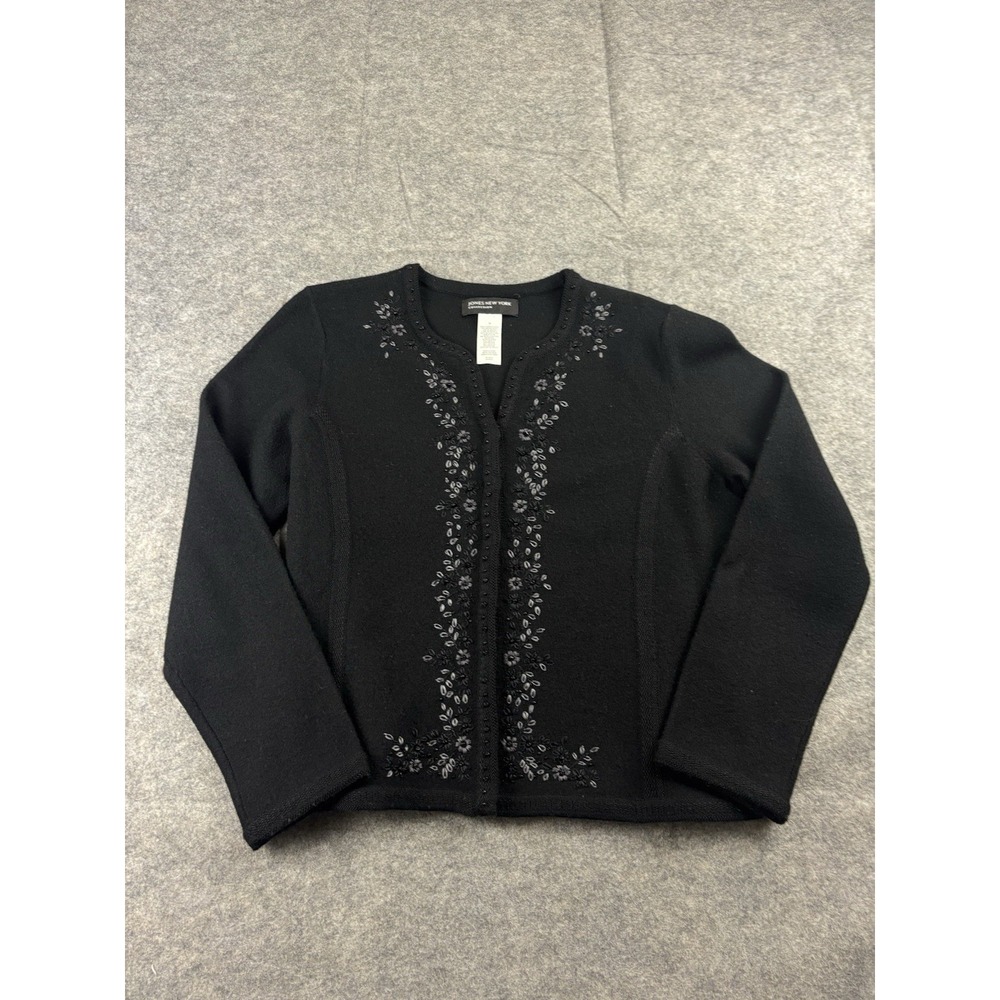 VTG Jones New York Women's M 100% Merino Wool Cardigan Black Beaded Old Money